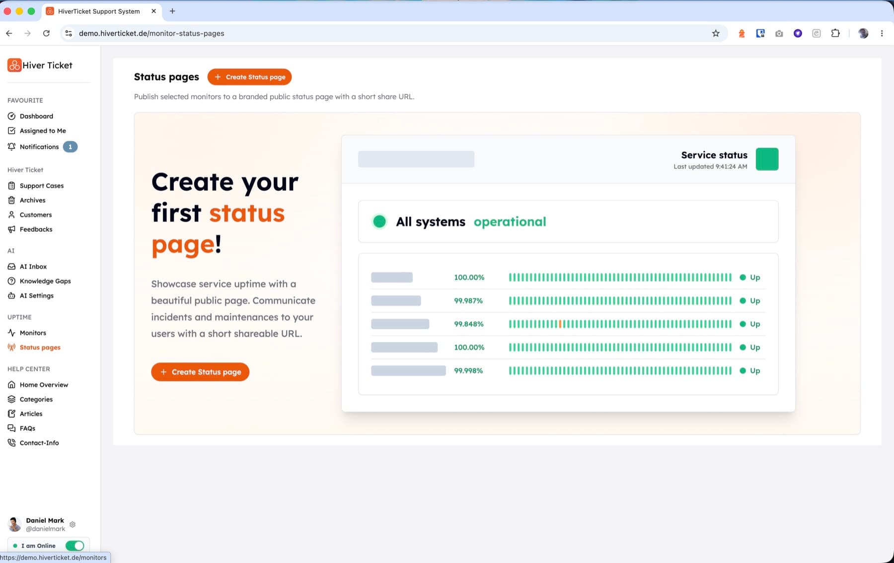 HiverTicket uptime status page builder