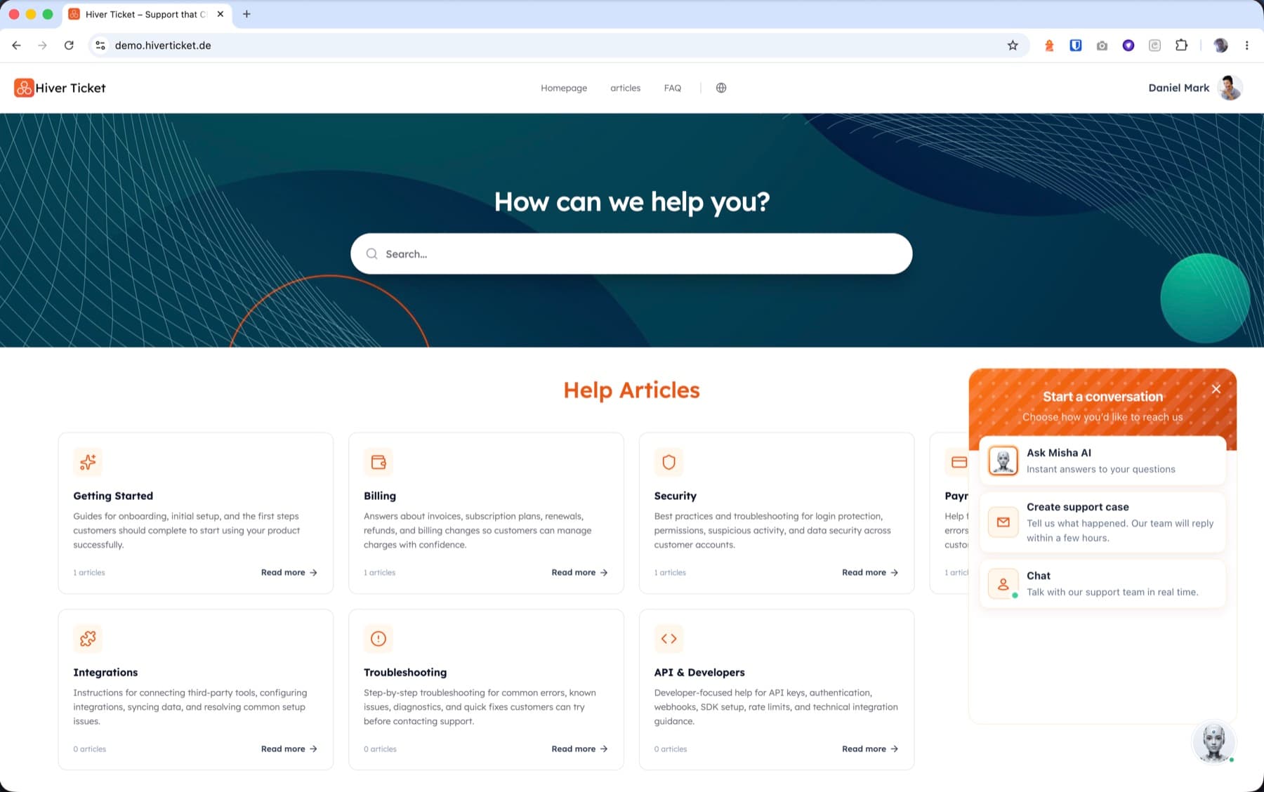 HiverTicket support widget with AI, chat, and case creation