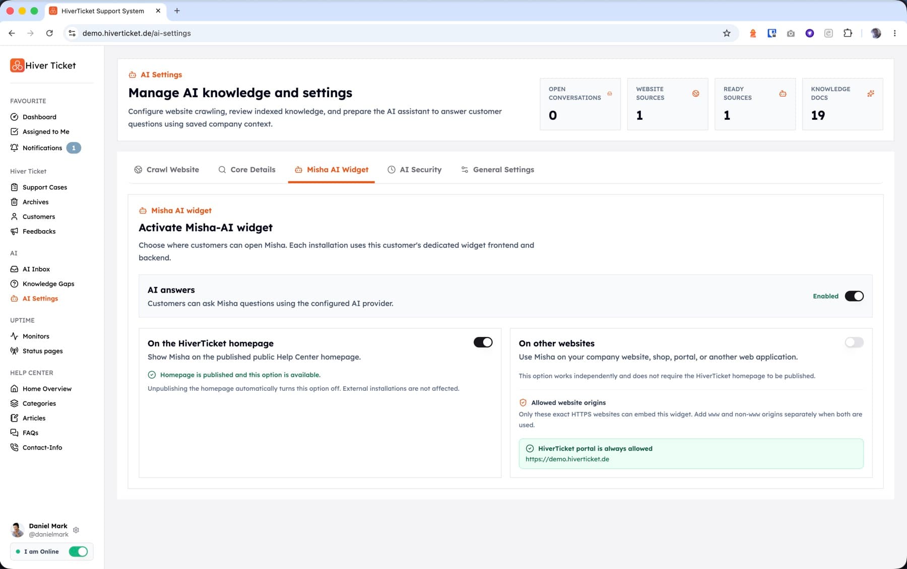 HiverTicket AI widget configuration and deployment settings