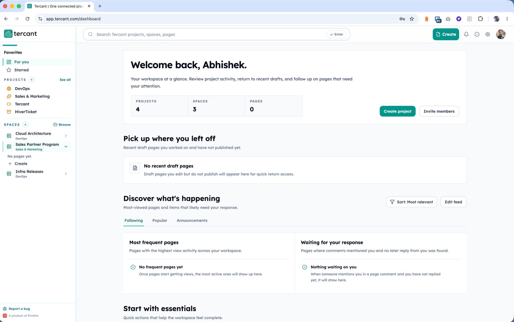Tercant dashboard with projects, spaces, and company knowledge